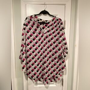 Worthington Size 1X Pink Black Flowy Chiffon V Neck 3/4 Button Sleeve Tunic Top